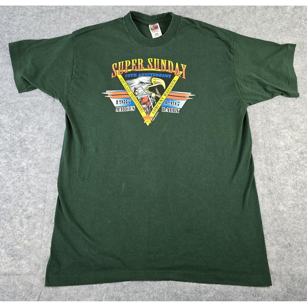 Vintage Super Sunday Shirt Mens 2XL Green Don Glady Marcus Dairy Biker 90s USA
